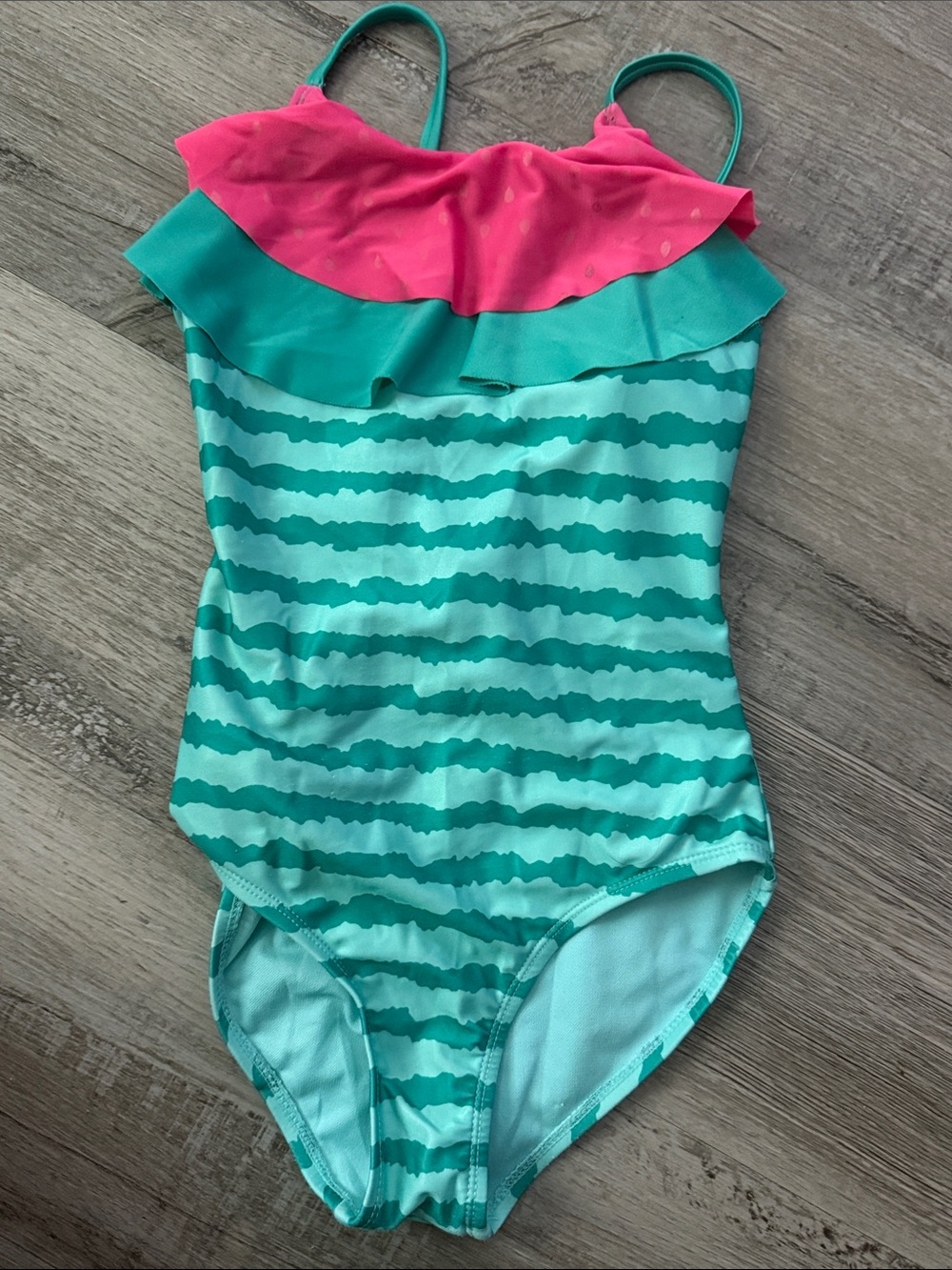 Cat & Jack Teal Aqua Stripe One-Piece Swimsuit with Pink Ruffle